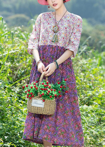 Modern Purple Patchwork Cotton Clothes V Neck Summer Dresses