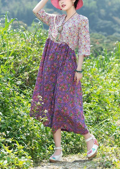 Modern Purple Patchwork Cotton Clothes V Neck Summer Dresses