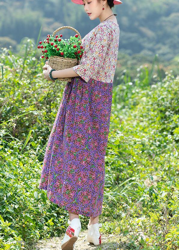 Modern Purple Patchwork Cotton Clothes V Neck Summer Dresses