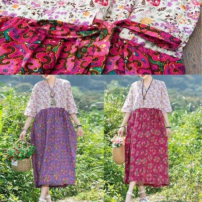 Modern Purple Patchwork Cotton Clothes V Neck Summer Dresses