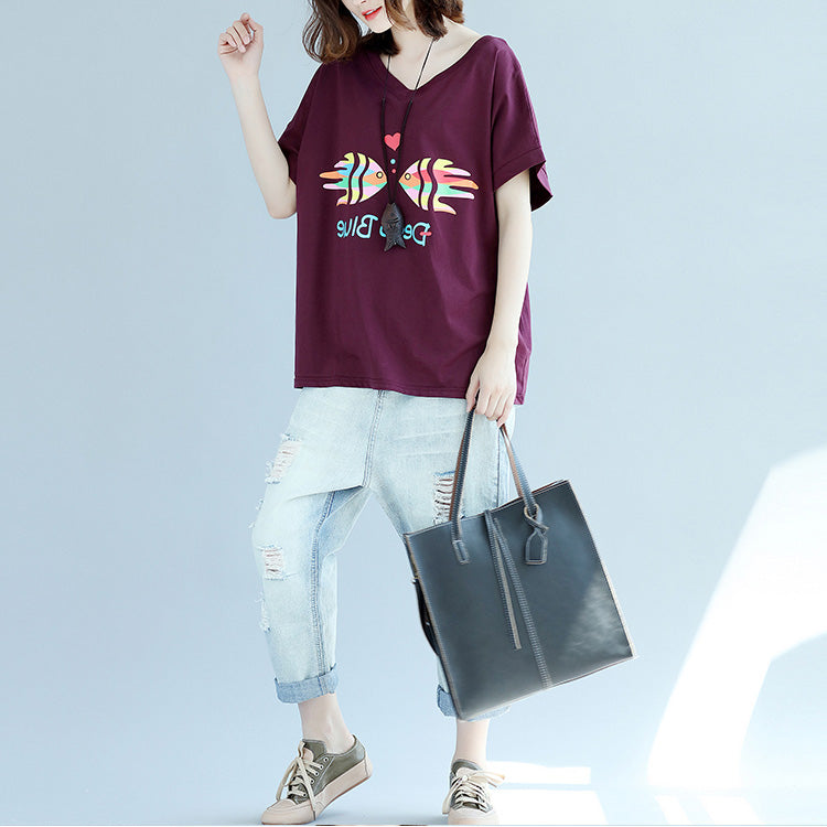 Modern Purple Red Cotton Clothes for Inspiration V Neck Batwing Sleeve Dresses Blouse