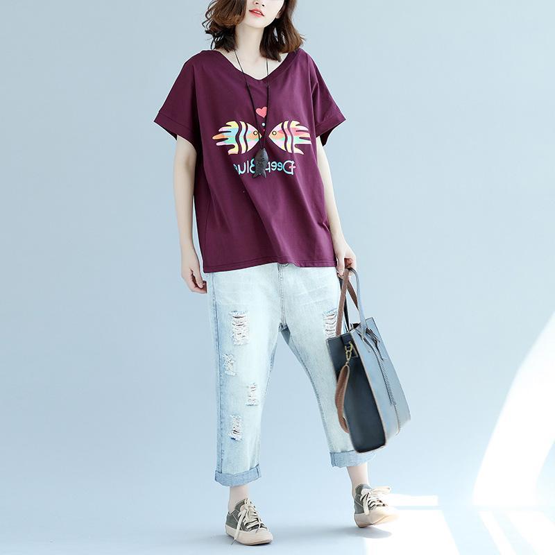 Modern Purple Red Cotton Clothes for Inspiration V Neck Batwing Sleeve Dresses Blouse