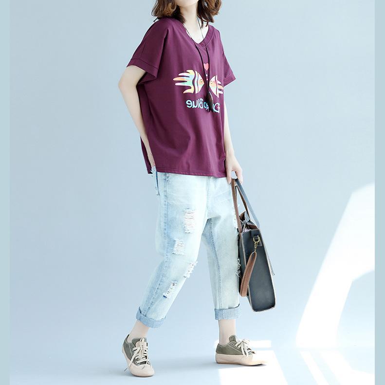 Modern Purple Red Cotton Clothes for Inspiration V Neck Batwing Sleeve Dresses Blouse