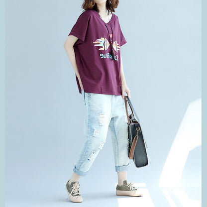 Modern Purple Red Cotton Clothes for Inspiration V Neck Batwing Sleeve Dresses Blouse