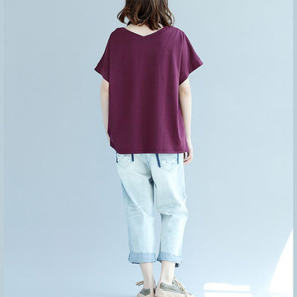 Modern Purple Red Cotton Clothes for Inspiration V Neck Batwing Sleeve Dresses Blouse