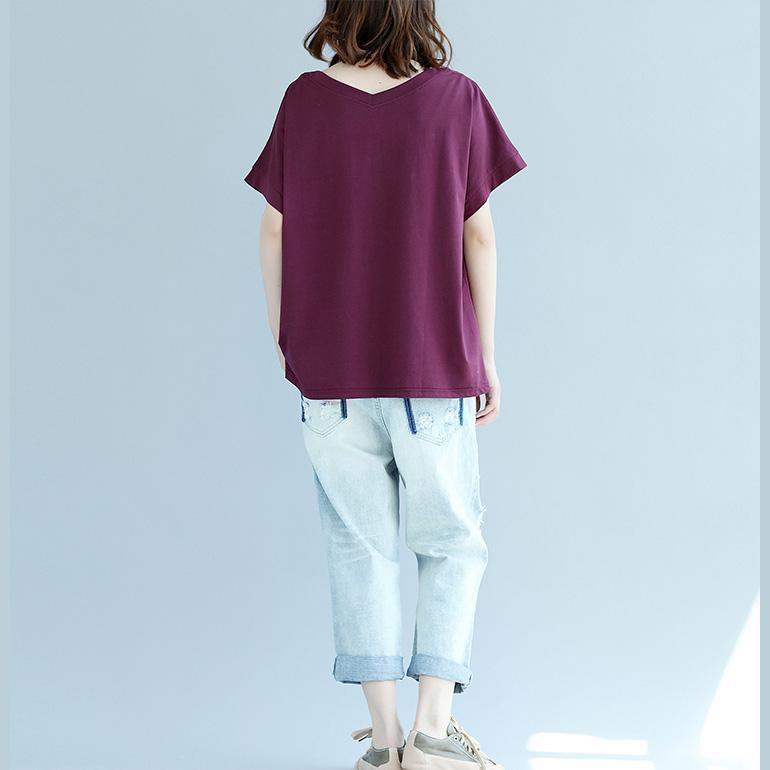 Modern Purple Red Cotton Clothes for Inspiration V Neck Batwing Sleeve Dresses Blouse