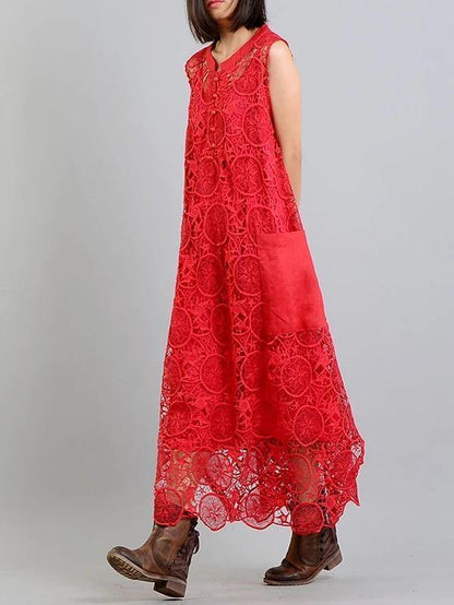 Modern Red Clothes for Pockets Asymmetric Art Summer Dress