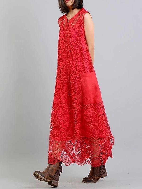 Modern Red Clothes for Pockets Asymmetric Art Summer Dress