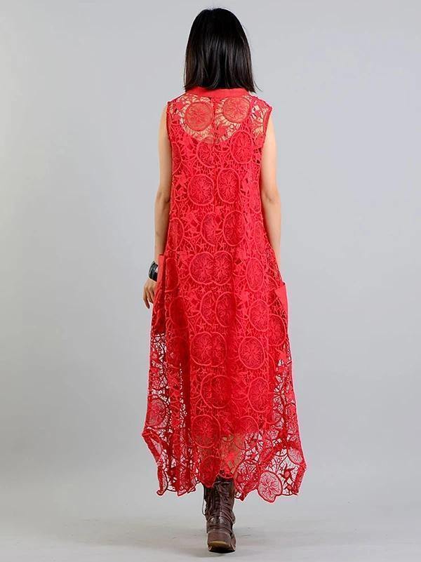 Modern Red Clothes for Pockets Asymmetric Art Summer Dress
