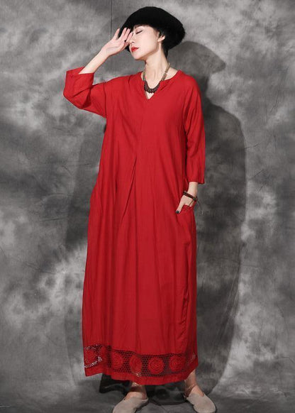 Modern Red Cotton Clothes Bracelet Sleeved Maxi Lace Hem Dresses