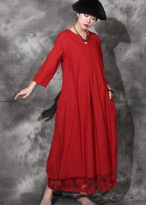 Modern Red Cotton Clothes Bracelet Sleeved Maxi Lace Hem Dresses