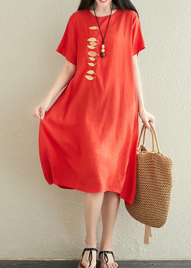 Modern Red Linen Dress O Neck Embroidery Midi Summer Dress