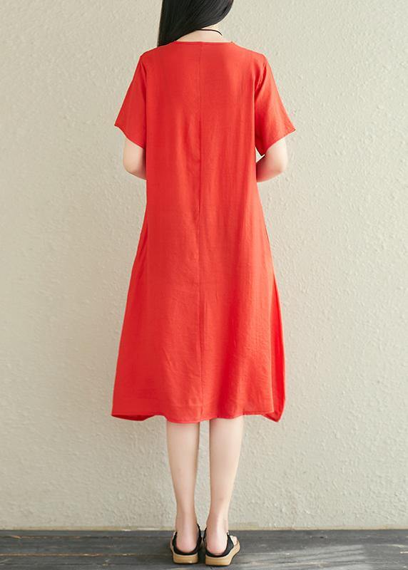 Modern Red Linen Dress O Neck Embroidery Midi Summer Dress