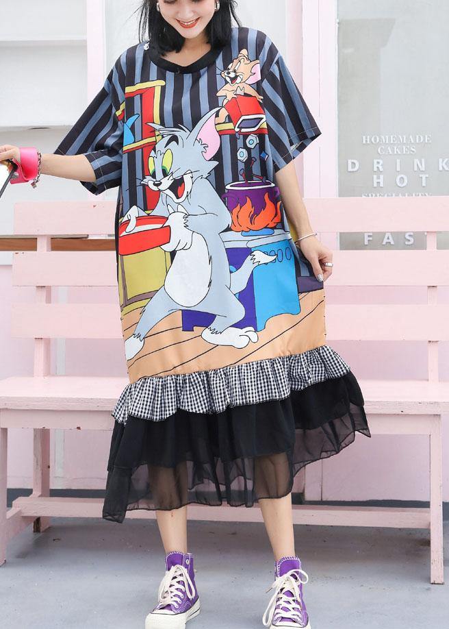 Modern Ruffles Cotton Clothes Runway Navy Prints Maxi Dress