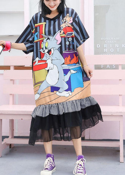Modern Ruffles Cotton Clothes Runway Navy Prints Maxi Dress