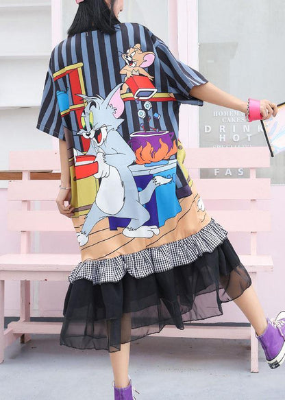 Modern Ruffles Cotton Clothes Runway Navy Prints Maxi Dress