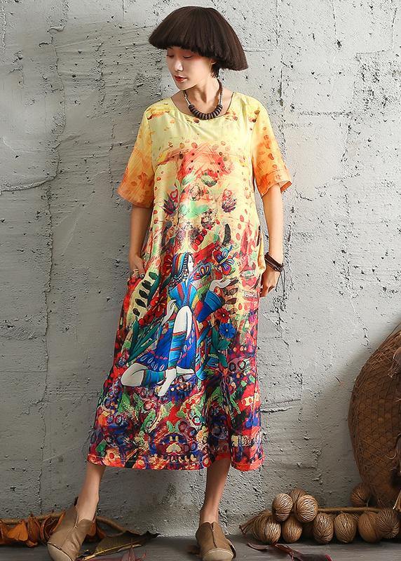 Modern Short Sleeve Linen Cotton Robes Ideas Yellow Prints Dresses Summer