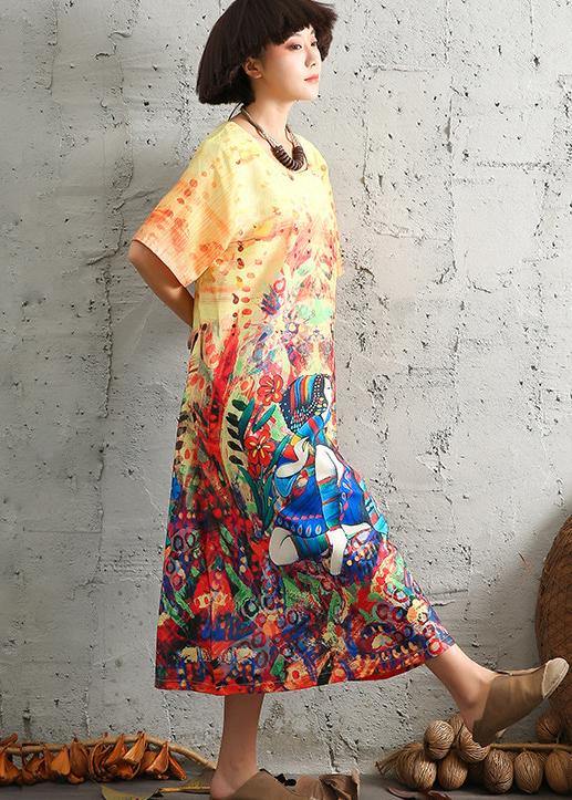 Modern Short Sleeve Linen Cotton Robes Ideas Yellow Prints Dresses Summer