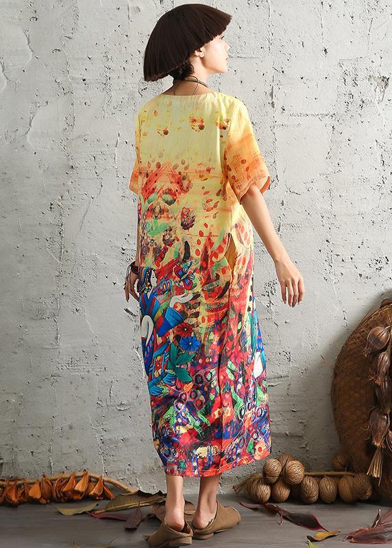 Modern Short Sleeve Linen Cotton Robes Ideas Yellow Prints Dresses Summer