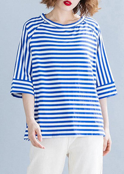 Modern Side Open Cotton Shirts Wardrobes Blue Striped Blouses Summer