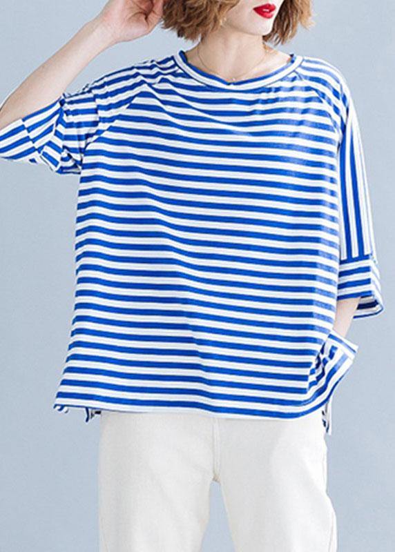 Modern Side Open Cotton Shirts Wardrobes Blue Striped Blouses Summer