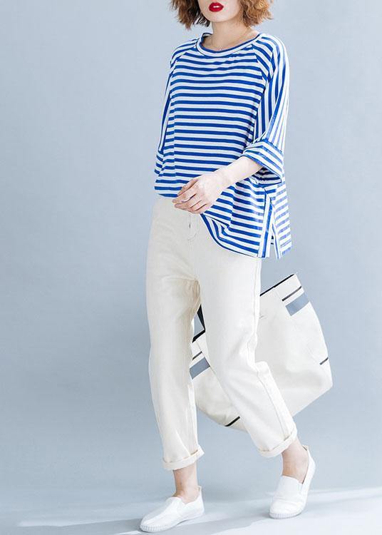 Modern Side Open Cotton Shirts Wardrobes Blue Striped Blouses Summer