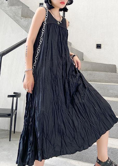 Modern Sleeveless Cinched Cotton Summer Dress Fabrics Black Maxi Dresses