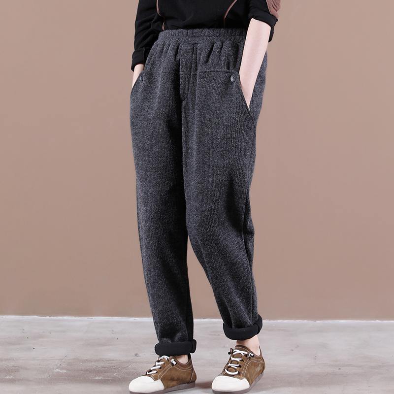 Modern Spring Wild Pants Dark Gray Work Outfits Elastic Waist Pockets Pants
