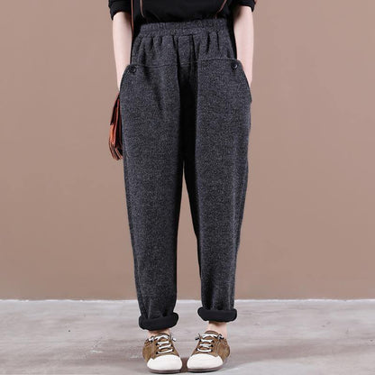 Modern Spring Wild Pants Dark Gray Work Outfits Elastic Waist Pockets Pants