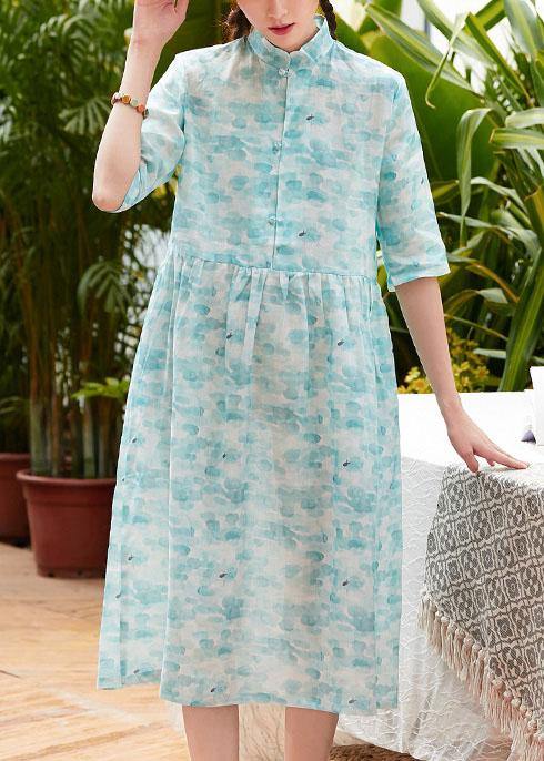 Modern Stand Collar Patchwork Linen Clothes for Shape Blue Green Print Dresses Summer