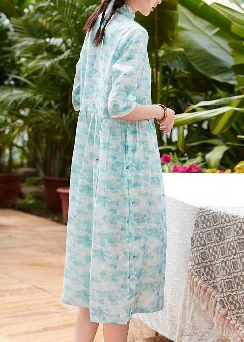 Modern Stand Collar Patchwork Linen Clothes for Shape Blue Green Print Dresses Summer