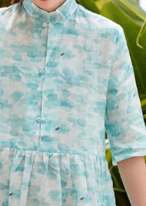 Modern Stand Collar Patchwork Linen Clothes for Shape Blue Green Print Dresses Summer