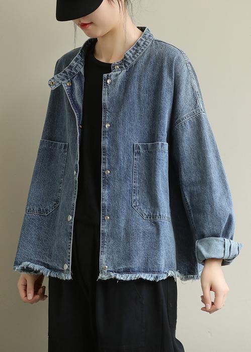 Modern Stand Collar Pockets Coats Denim Blue Knee Jackets