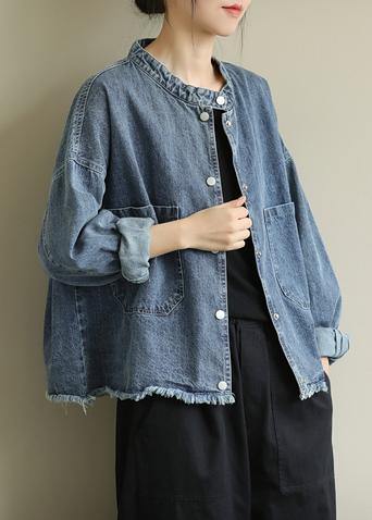 Modern Stand Collar Pockets Coats Denim Blue Knee Jackets