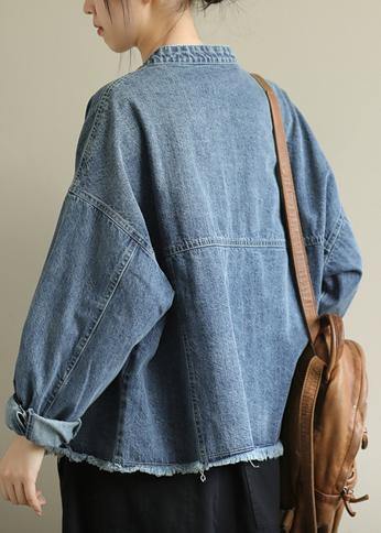 Modern Stand Collar Pockets Coats Denim Blue Knee Jackets