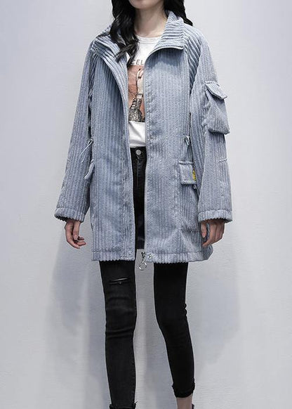 Modern Stand Collar Zippered Clothes Blue Daily Coats