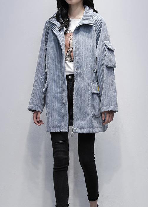 Modern Stand Collar Zippered Clothes Blue Daily Coats