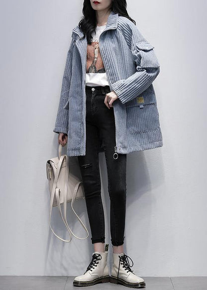 Modern Stand Collar Zippered Clothes Blue Daily Coats