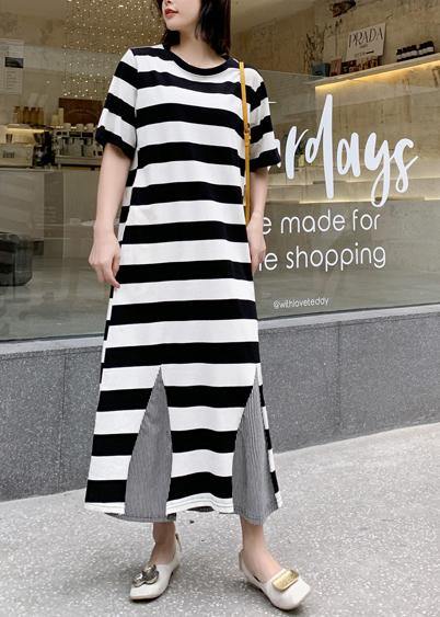Modern Striped Cotton Tunic Pattern Patchwork Hem Robe Summer Dresses