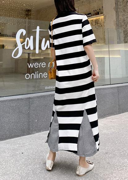 Modern Striped Cotton Tunic Pattern Patchwork Hem Robe Summer Dresses
