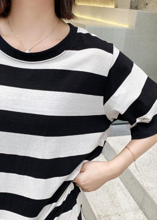 Modern Striped Cotton Tunic Pattern Patchwork Hem Robe Summer Dresses