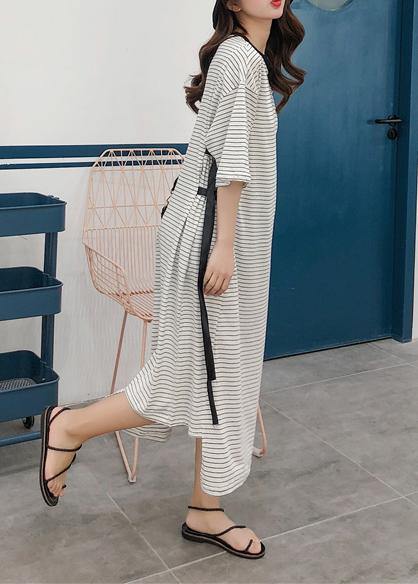 Modern Striped Cotton Tunic Pattern Tie Waist Robe Summer Dress