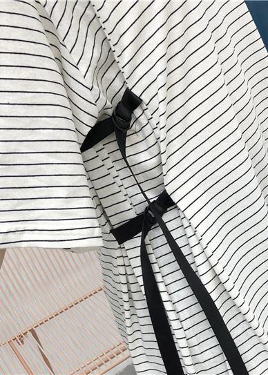 Modern Striped Cotton Tunic Pattern Tie Waist Robe Summer Dress