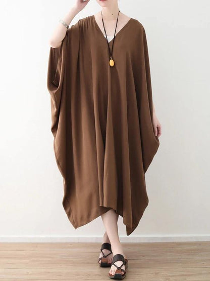 Modern V Neck Asymmetric Clothes Runway Chocolate Loose Dress Summer