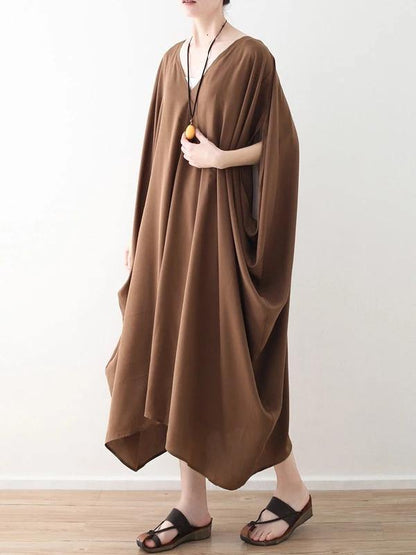 Modern V Neck Asymmetric Clothes Runway Chocolate Loose Dress Summer
