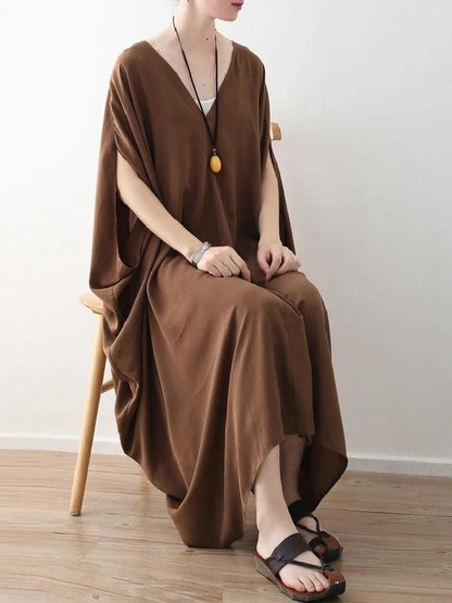 Modern V Neck Asymmetric Clothes Runway Chocolate Loose Dress Summer