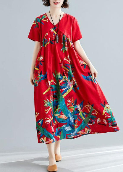 Modern V Neck Cotton Tunic Pattern Sewing Red Prints Kaftan Dresses Summer