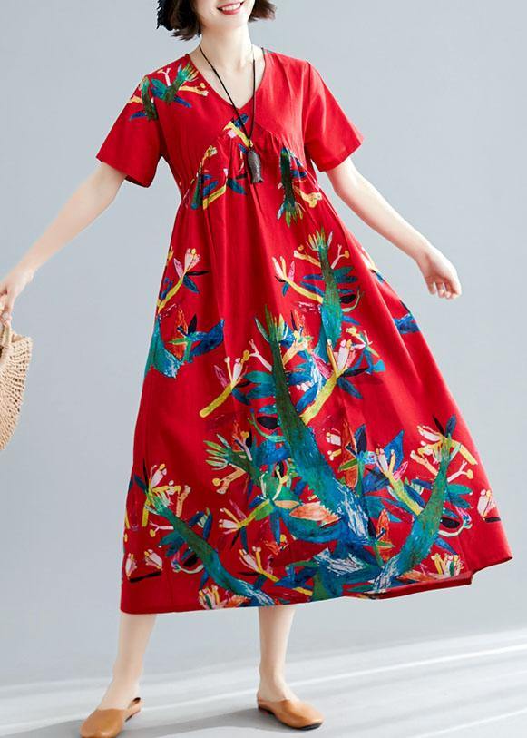 Modern V Neck Cotton Tunic Pattern Sewing Red Prints Kaftan Dresses Summer