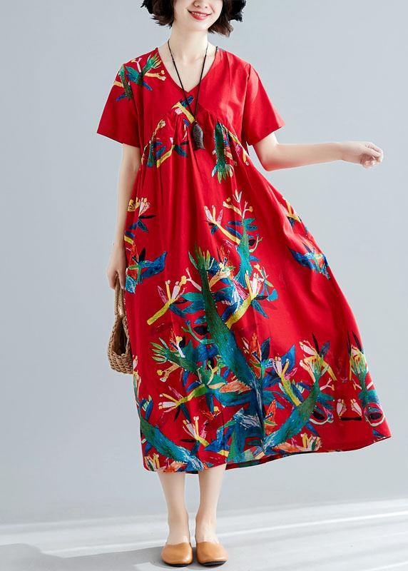 Modern V Neck Cotton Tunic Pattern Sewing Red Prints Kaftan Dresses Summer