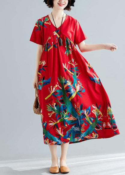 Modern V Neck Cotton Tunic Pattern Sewing Red Prints Kaftan Dresses Summer
